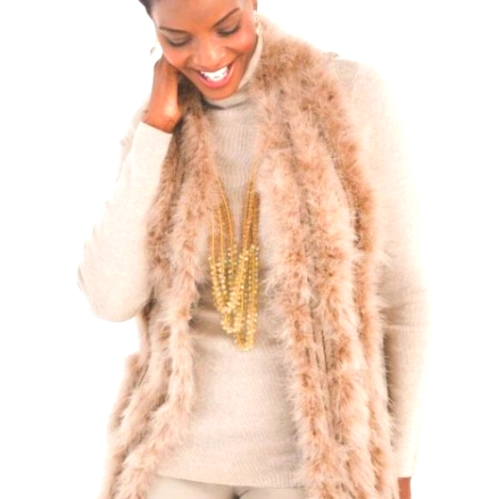 Chico's Feather Vest Wrap Jacket Topper Taupe Beige - FESTIVE & STUNNING! Sz M